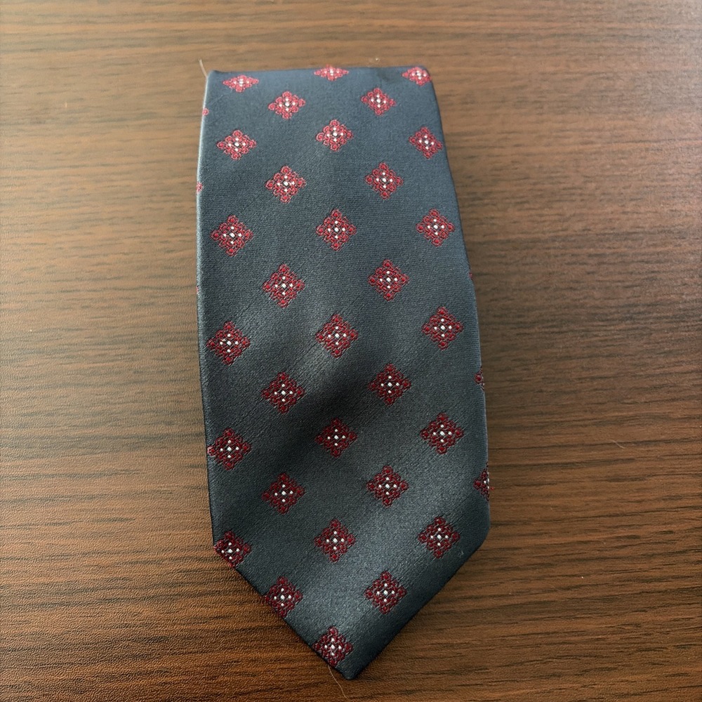 Vintage Envoy Silk Tie 56" Charcoal Gray with Abstract Red Pattern